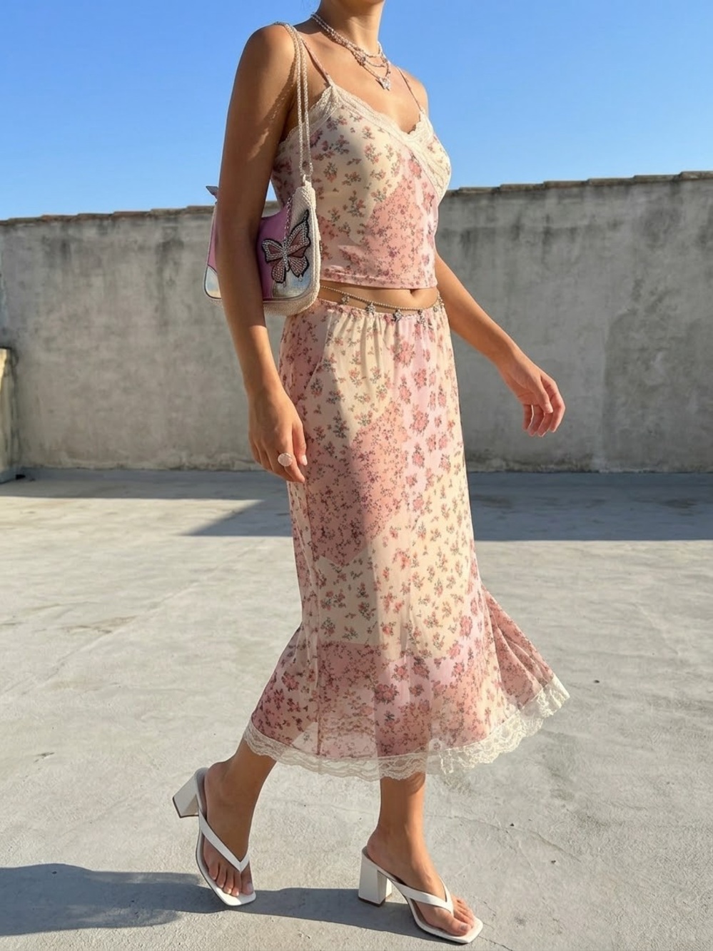 Vintage Y2k Design Pink Rose Pink Floral Lace-Trim Midi Skirt and Top Set NWT